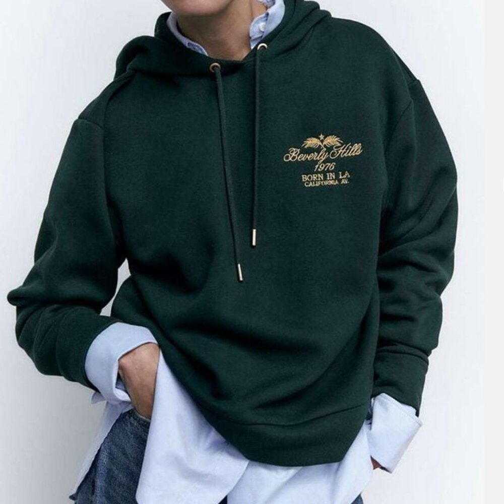 Zara Forest Green Embroidered Beverly Hills Hoodie - Size S